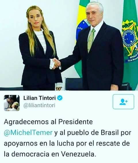 Lilian Tintori ricevuta dal Presidente golpista Brasiliano Temer